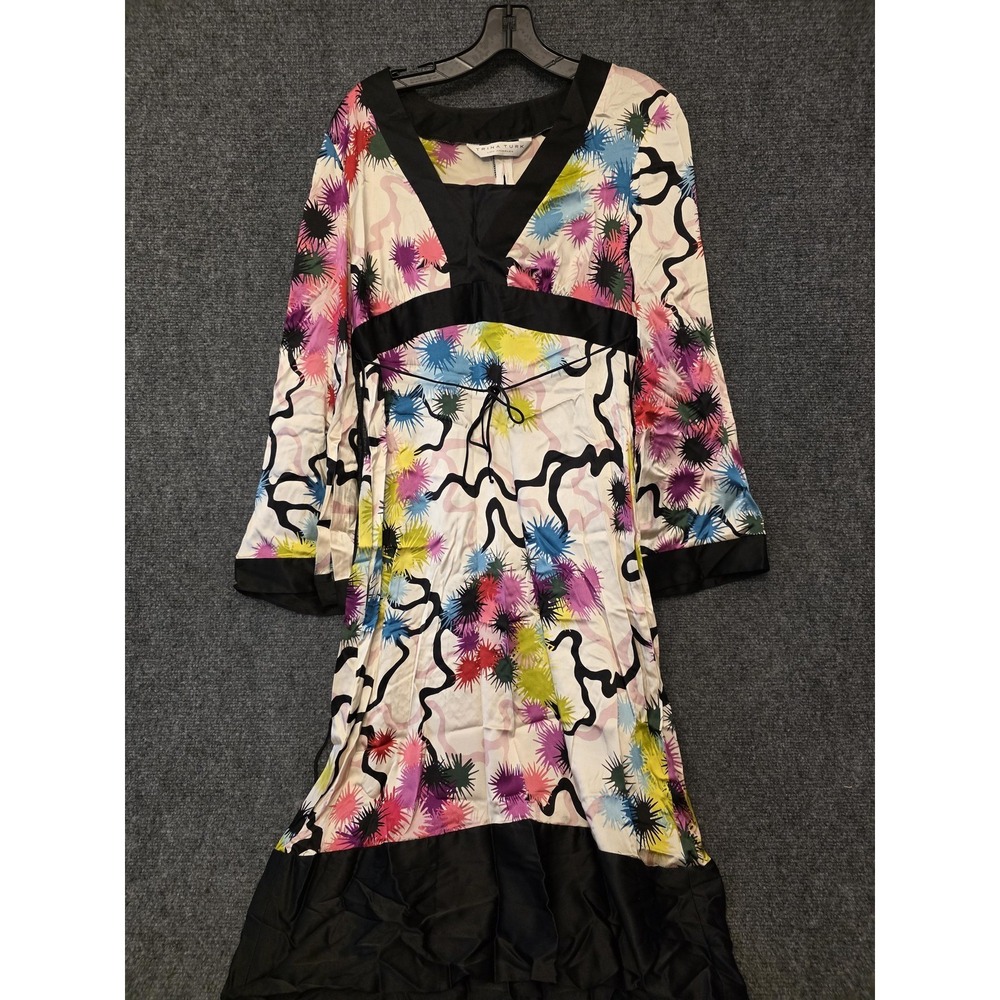 Trina Turk Dress Womens XS MulticolorV Neck Bell Sleeve‎ Satin Boho Summer